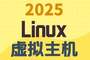 2025 Linux 虚拟主机,黄色渐变背景上的三行黑色与蓝灰色文字。