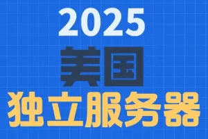 2025 美国 独立服务器,蓝色网格背景上的三行中英文组合文字。