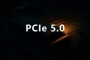 安装在主板上的一块无品牌 PCIe 固态硬盘,金手指处散发出橙色光线,象征高速传输