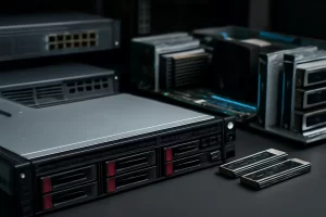 数据中心中的高性能服务器与NVMe固态硬盘特写,适用于区块链与Web3项目部署