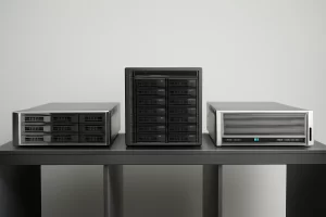 三台1U机架式服务器并排放置在灰色工作台上，外观各异