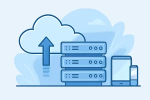 Cloud infrastructure illustration with a stacked server rack, upward arrow, and devices representing cloud connectivity.