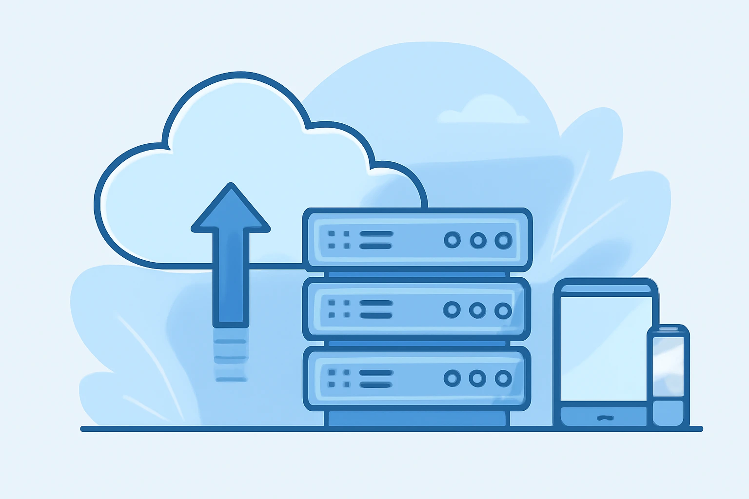 Cloud infrastructure illustration with a stacked server rack, upward arrow, and devices representing cloud connectivity.