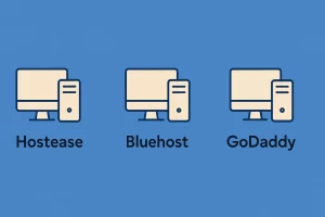 一张对比Hostease、Bluehost和GoDaddy三家主机商图标的插图，每个图标由简洁的电脑和服务器图标组成，水平排列在蓝色背景上。