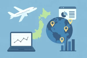 日本上空飞行的飞机与展示数据分析的笔记本、地球和日本地图构成画面焦点