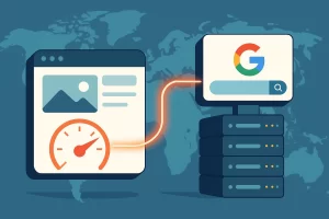 一张网页加载速度仪表图通过发光线缆连接至搜索引擎图标和服务器塔,背景为世界地图,体现全球性能优化关系