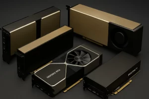 高性能GPU显卡展示在深色背景上，包含NVIDIA和AMD的多个型号，突出其散热结构与电源接口细节