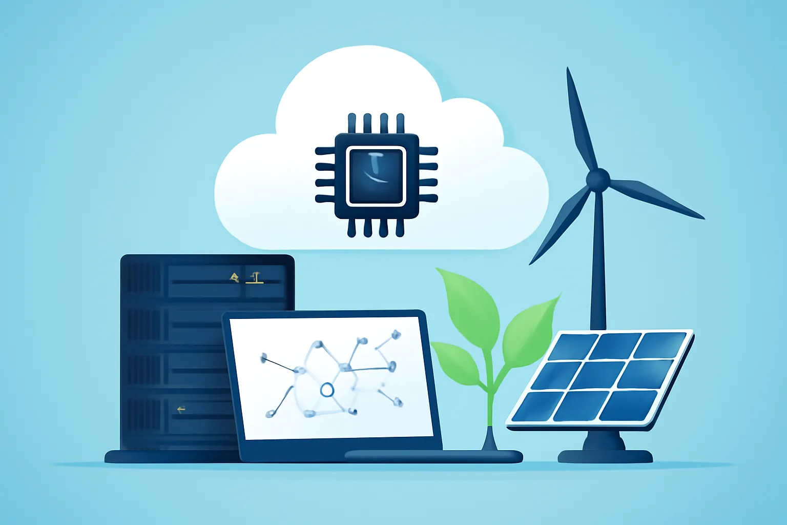云服务器与绿色能源元素的插图：展示了服务器机架、笔记本电脑、云计算芯片图标、风力发电机、太阳能电池板与植物。