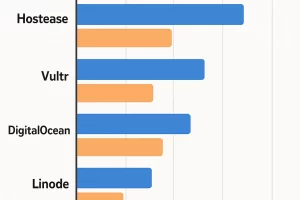 一张对比四大云主机品牌(Hostease、Vultr、DigitalOcean、Linode)CPU性能和网络延迟的横向条形图,蓝色代表CPU性能,橙色代表延迟。