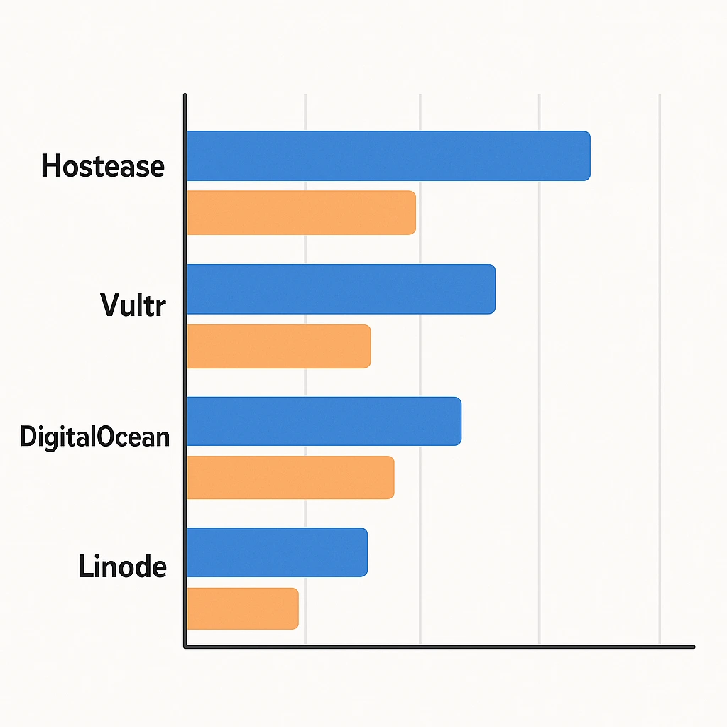 一张对比四大云主机品牌（Hostease、Vultr、DigitalOcean、Linode）CPU性能和网络延迟的横向条形图，蓝色代表CPU性能，橙色代表延迟。