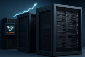 黑色金属外壳的三组数据中心服务器机柜并排排列，背景有一个能耗监测屏和上涨趋势图形