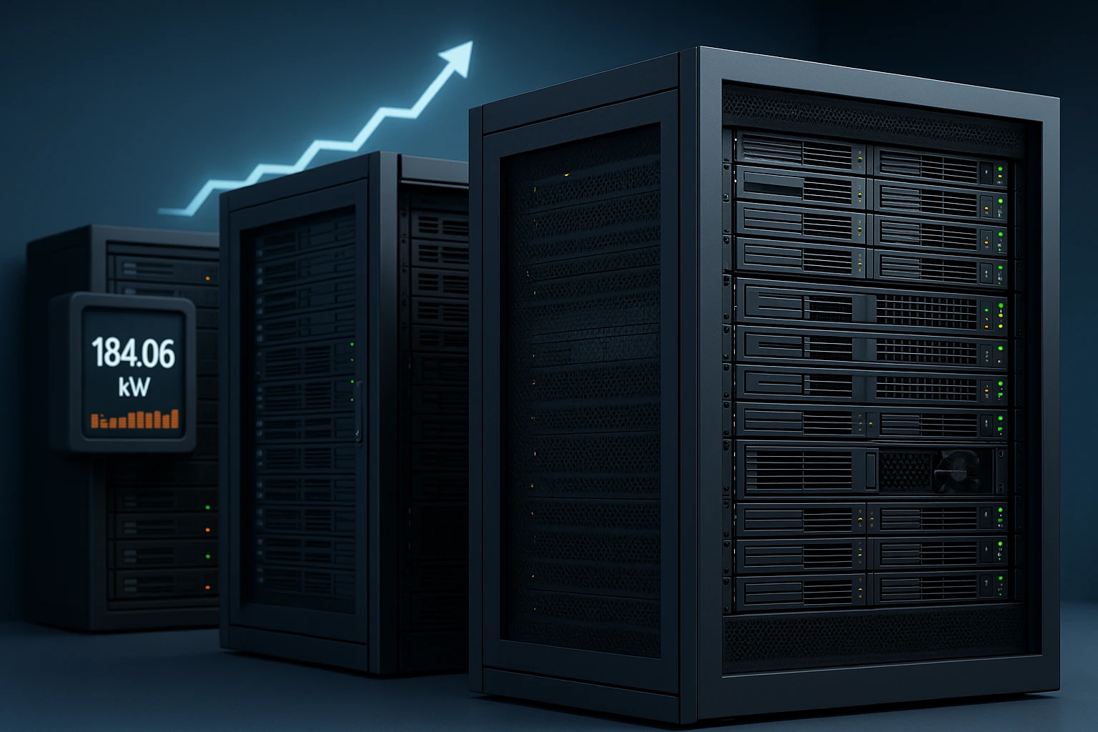 黑色金属外壳的三组数据中心服务器机柜并排排列,背景有一个能耗监测屏和上涨趋势图形