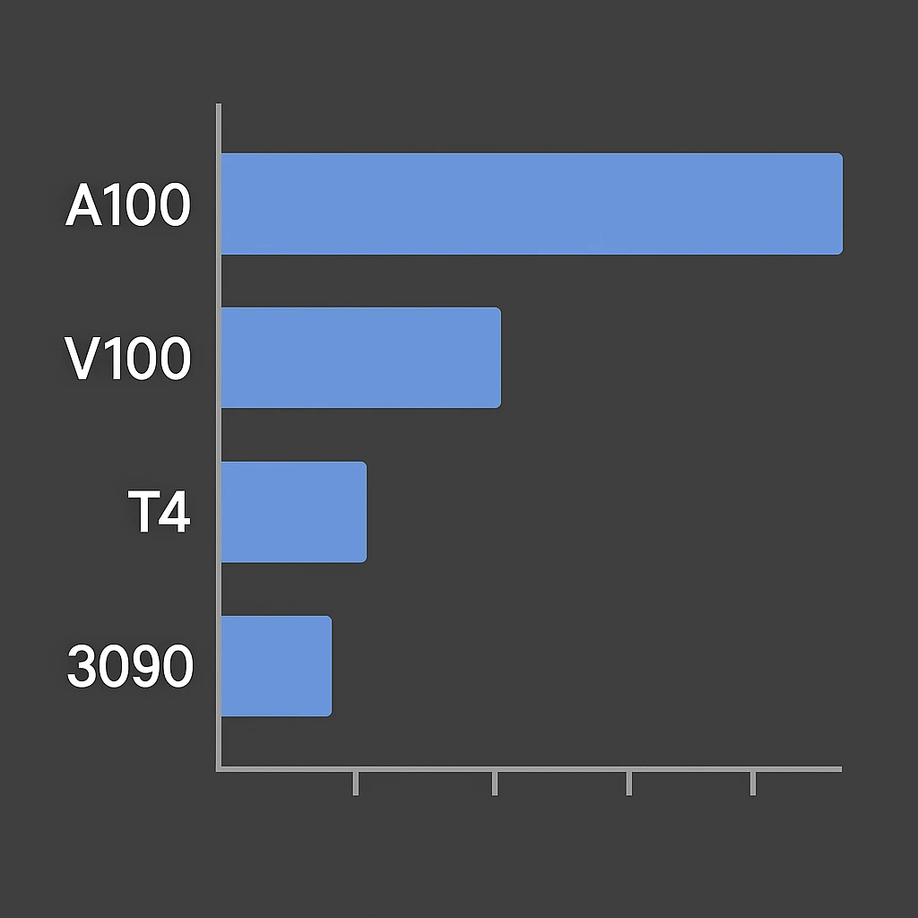一张横向2D条形图，展示了四种GPU（A100、V100、T4、3090）在性能上的对比，条形长短明显，背景为深灰色，图表简洁明了。