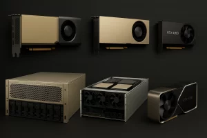 三款典型NVIDIA GPU（A100、A40、RTX 4090）与相应的服务器主机并排展示，呈现硬件外观与散热设计细节。