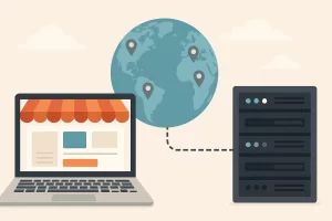 跨境电商网站与全球服务器连接的图示