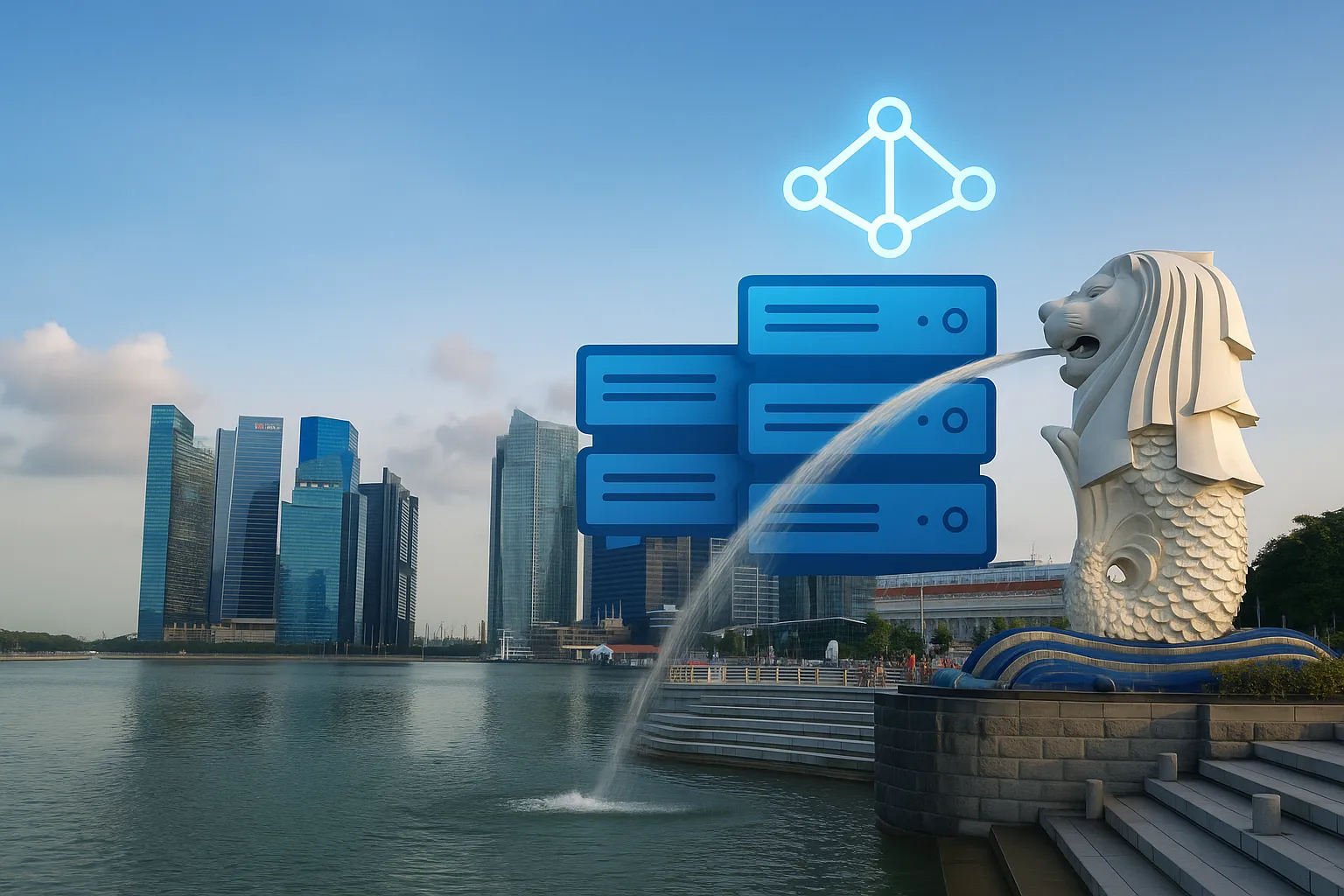 新加坡滨海湾与虚拟主机服务器的组合图像,体现数字基础设施与城市枢纽的融合