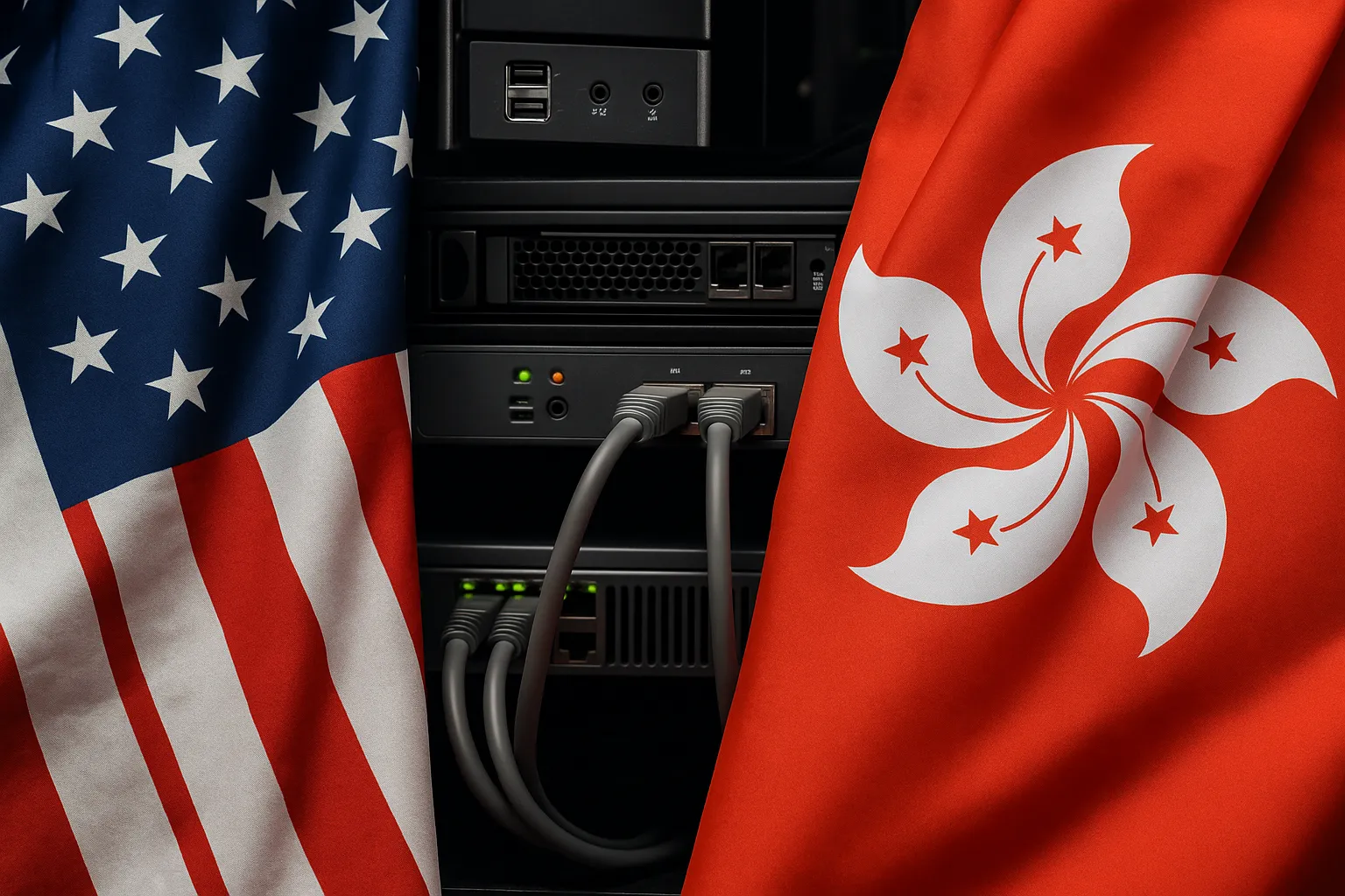 服务器机架之间并列悬挂着美国和香港国旗,背景为数据中心机柜,插满了网络线缆。