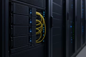 数据中心服务器机柜特写，展示黄色网线与蓝色指示灯