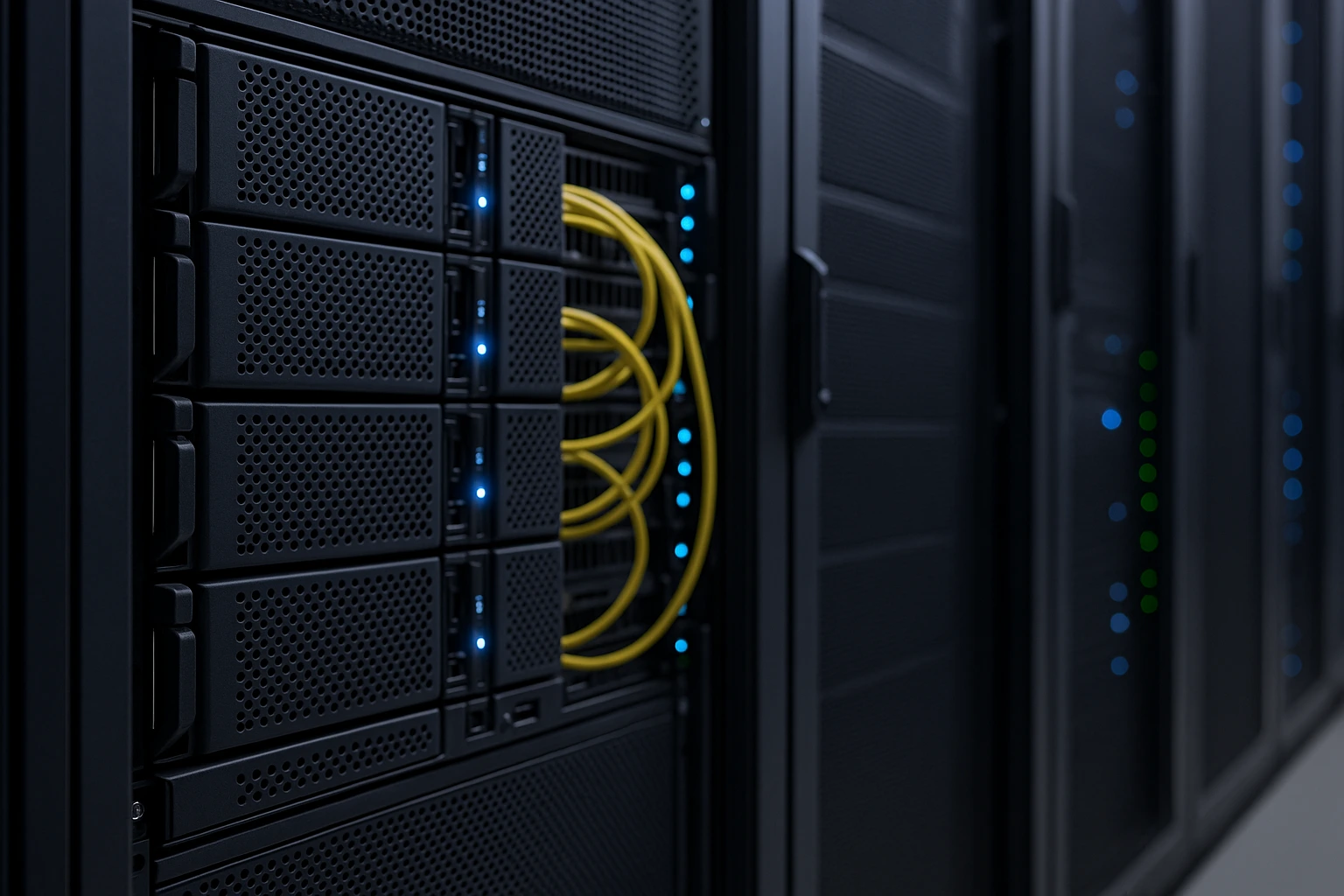数据中心服务器机柜特写,展示黄色网线与蓝色指示灯