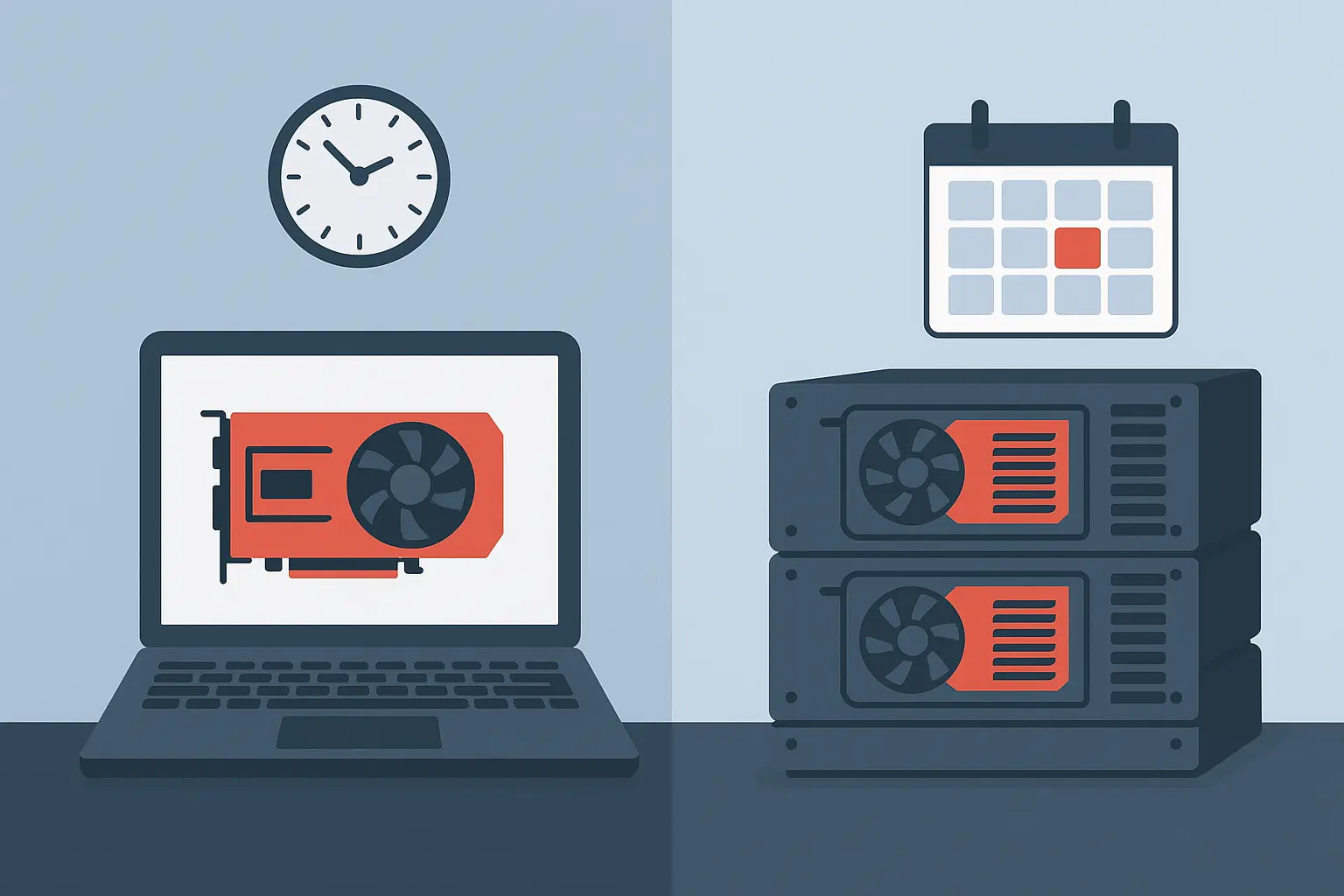 图像展示了两种GPU服务器租赁方式的对比，一边是笔记本与时钟代表按小时计费，另一边是堆叠的服务器与挂历代表按月租用。