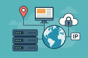 一组代表服务器、地理位置、IP地址和SSL加密的图标组合，展示虚拟主机与SEO相关元素