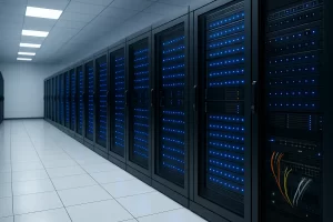 现代数据中心中整齐排列的服务器机柜，散发蓝色LED灯光，展现出高效、稳定的服务器环境。