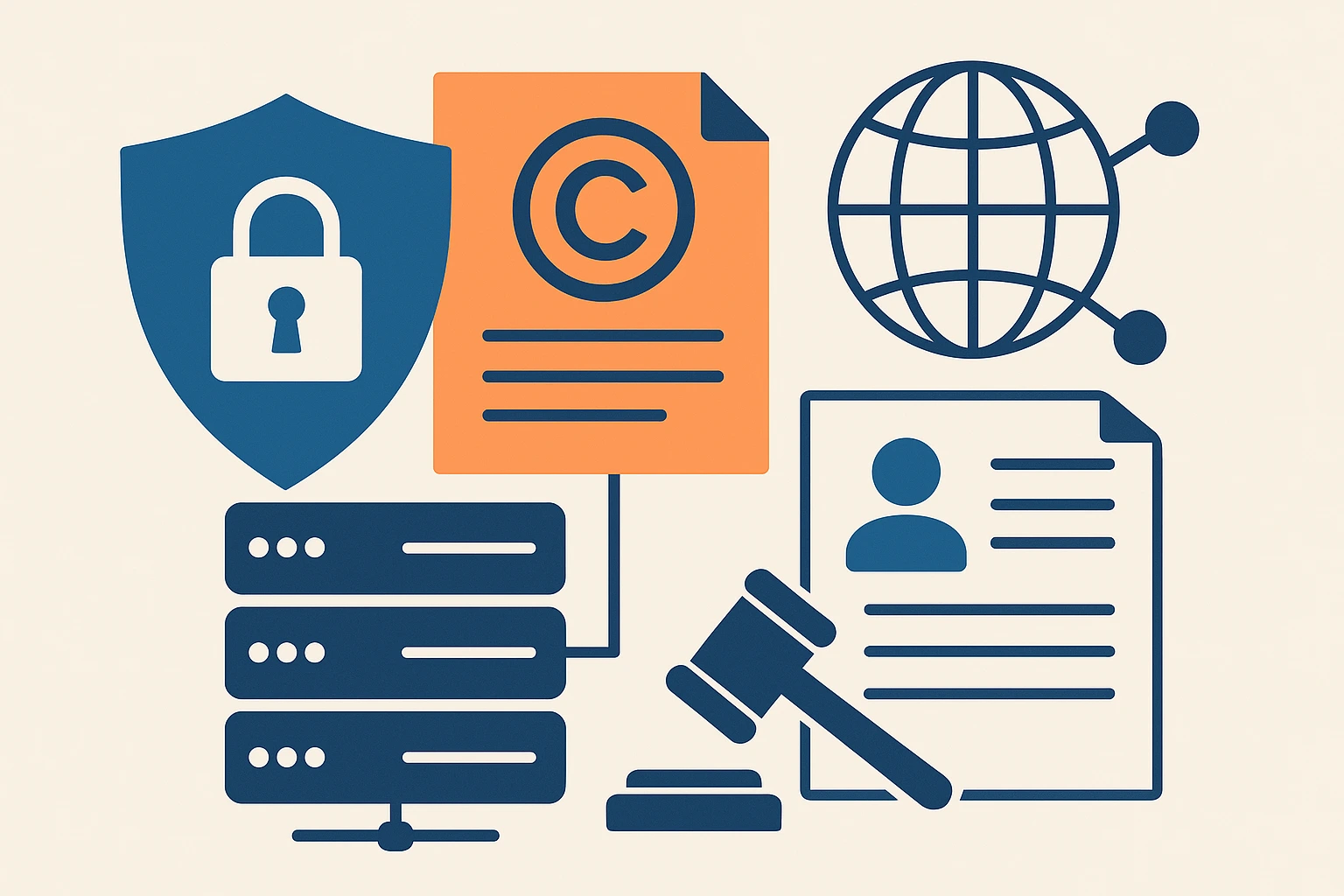 一组图标代表服务器、法律、版权和数据安全，展示了美国服务器租用中常见的法律风险