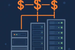 三台不同高度的服务器机柜，分别代表入门级、中端和企业级服务器租用方案，背后连着三个橙色美元符号