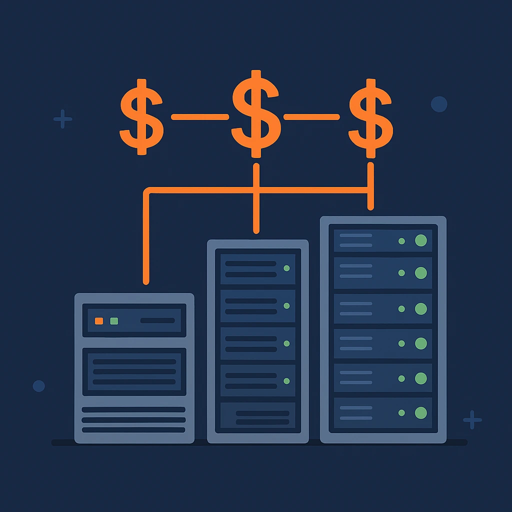 三台不同高度的服务器机柜,分别代表入门级、中端和企业级服务器租用方案,背后连着三个橙色美元符号