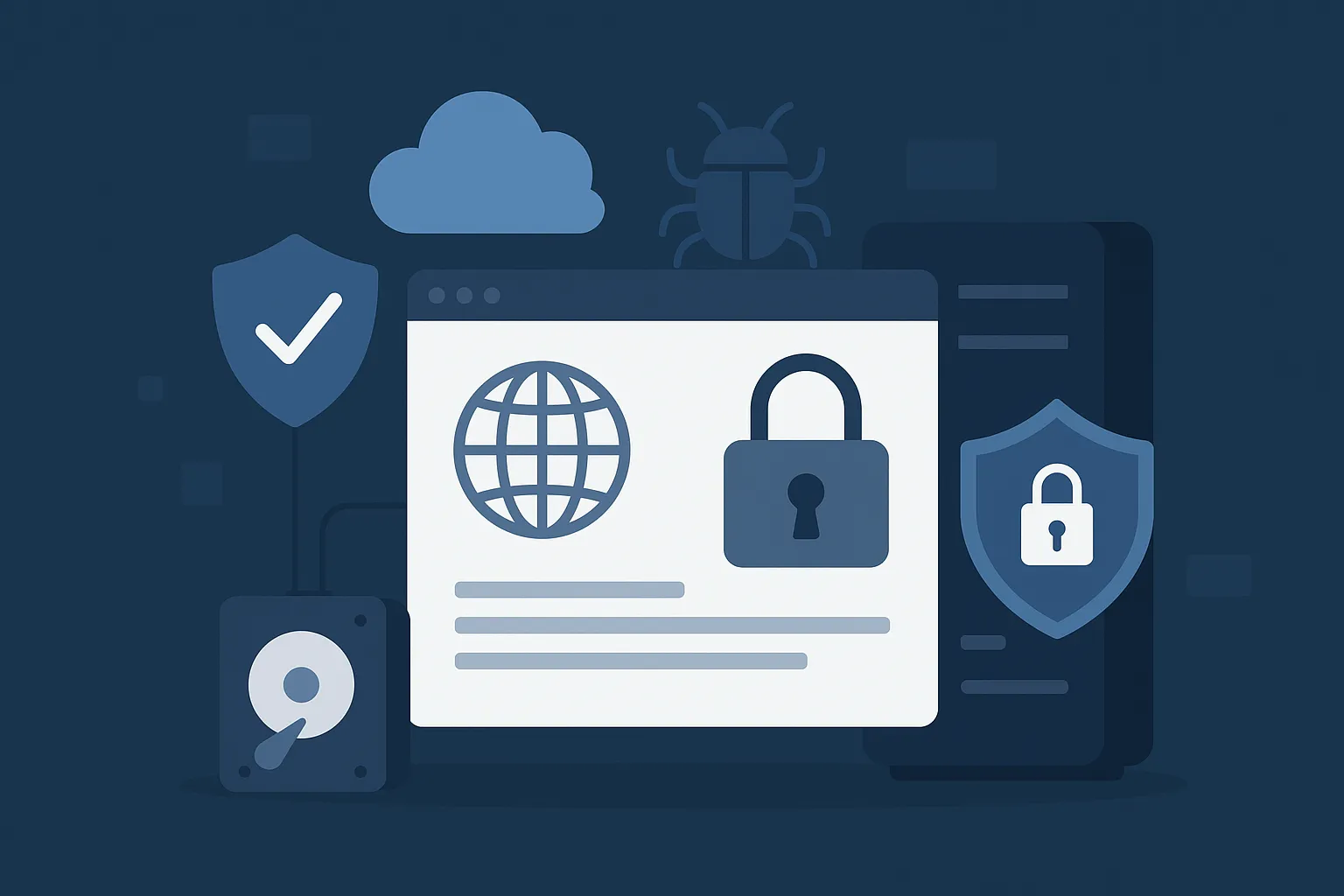 网站界面与锁形图标前方展示网络安全元素，包括盾牌、云端、硬盘与错误虫图标