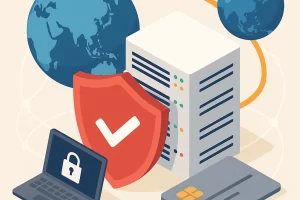 一组服务器、地球仪和信用卡环绕着一枚红色盾牌,象征全球电商业务中的数据安全与高防保护