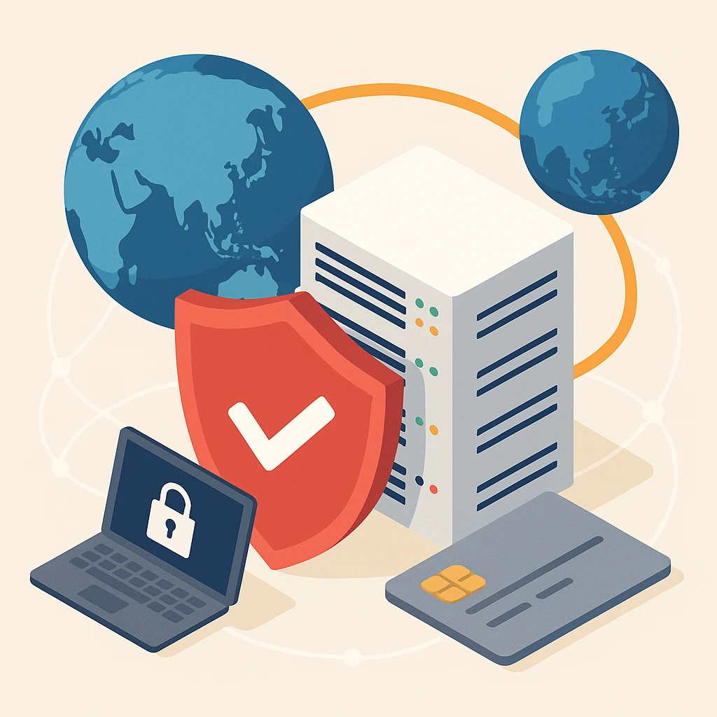 一组服务器、地球仪和信用卡环绕着一枚红色盾牌,象征全球电商业务中的数据安全与高防保护