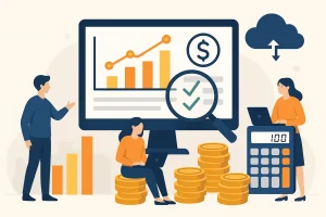 三位角色围绕云服务器价格进行分析，一位站立演示图表，一位坐在金币上使用笔记本电脑，另一位在计算器上操作，背景有图表和云端图标