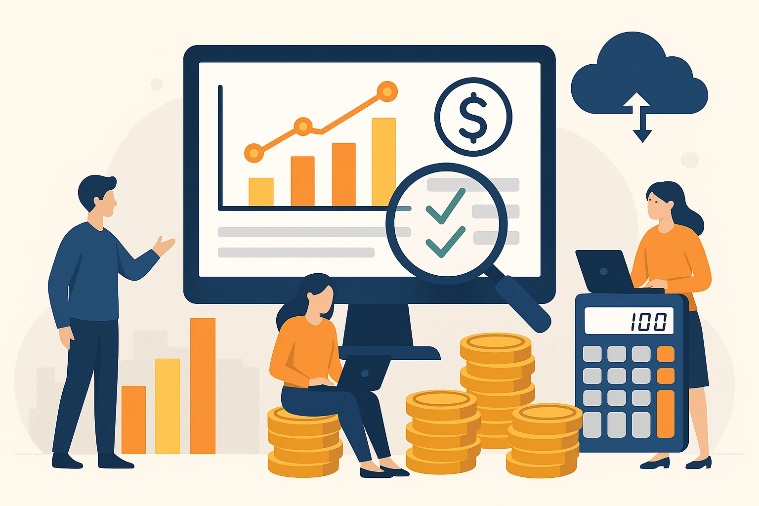 三位角色围绕云服务器价格进行分析，一位站立演示图表，一位坐在金币上使用笔记本电脑，另一位在计算器上操作，背景有图表和云端图标