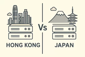 香港与日本服务器对比图，展示城市地标与服务器设备的插画场景
