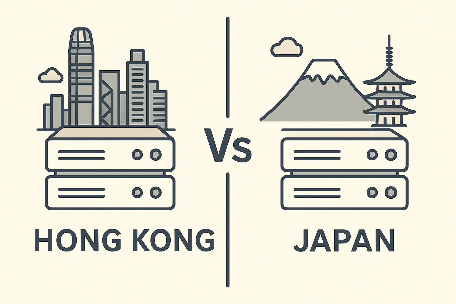 香港与日本服务器对比图，展示城市地标与服务器设备的插画场景