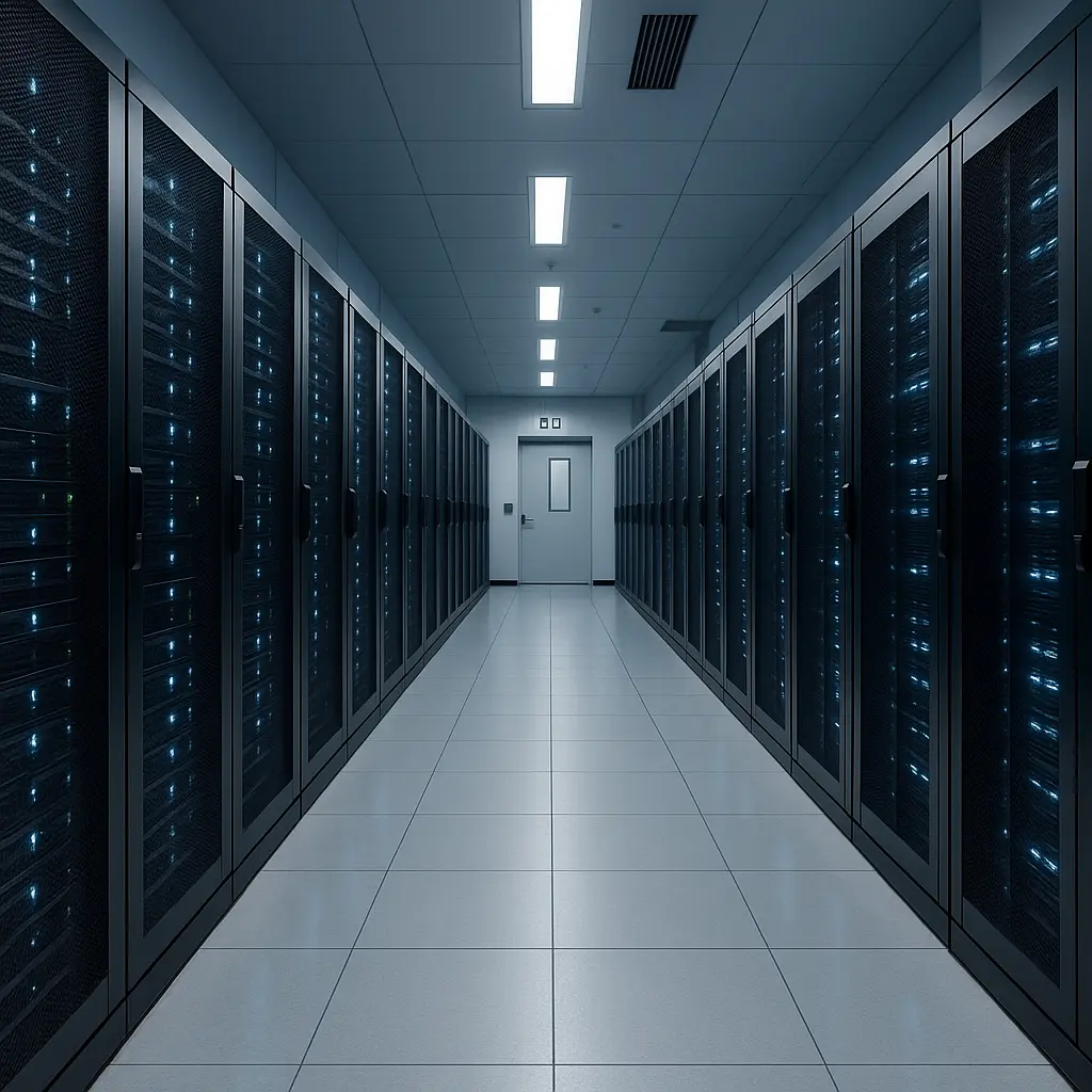 日本现代数据中心内部,整齐排列的服务器机架和蓝白照明,象征可靠与透明的主机服务环境。