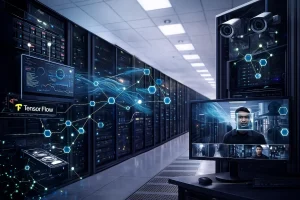 数据中心内配有LED灯光的服务器机架，一侧显示TensorFlow界面，前方屏幕展示人脸识别监控画面