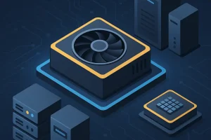 一张展示GPU硬件与多台服务器设备的3D等距视角插图,背景为深蓝色电路图案