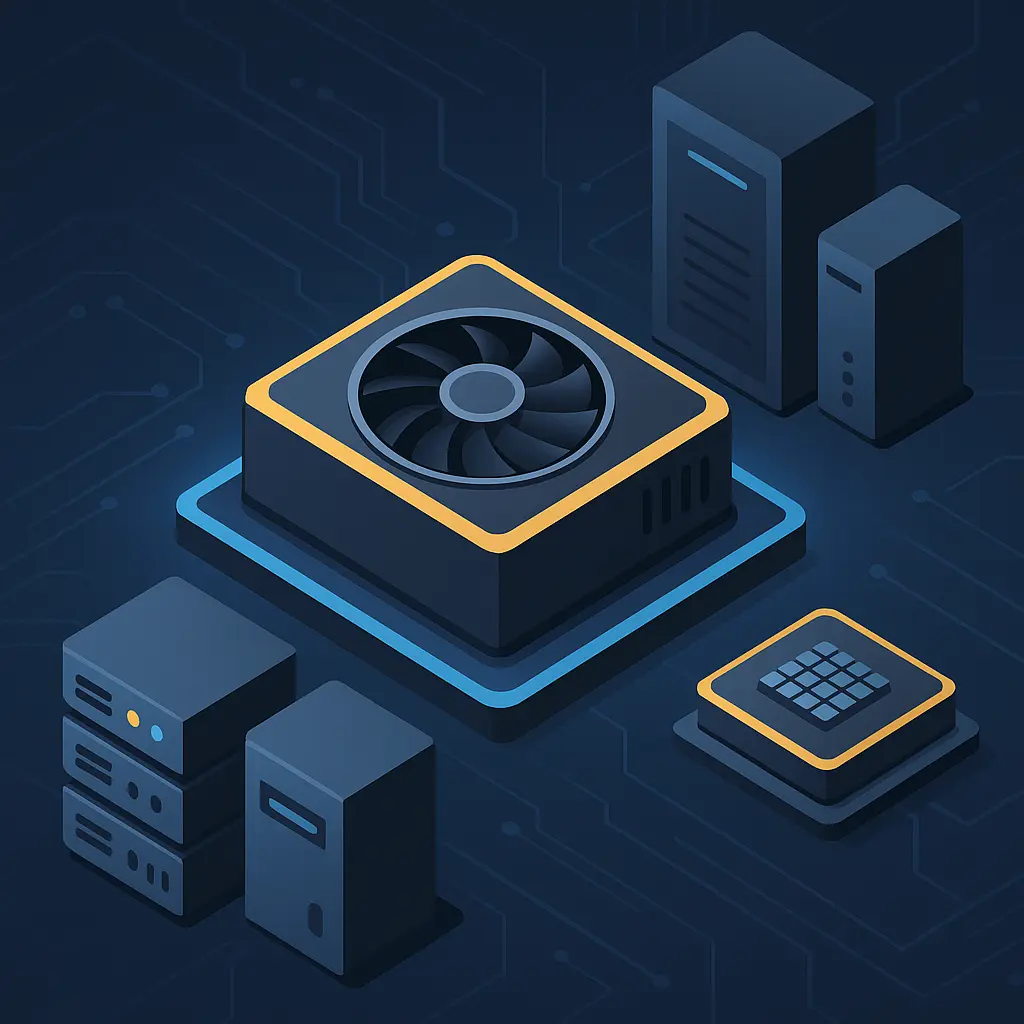 一张展示GPU硬件与多台服务器设备的3D等距视角插图,背景为深蓝色电路图案