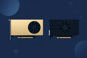 两块外观不同的GPU显卡并排放置在蓝色背景上
