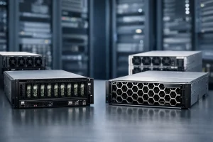 两台放置在数据中心环境中的GPU服务器，分别展示不同的外观设计与风冷结构。