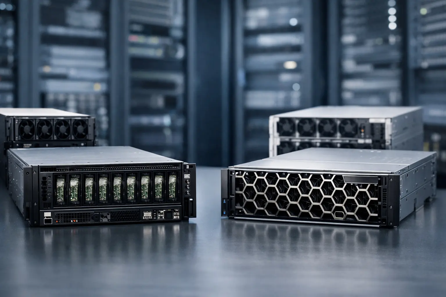 两台放置在数据中心环境中的GPU服务器，分别展示不同的外观设计与风冷结构。