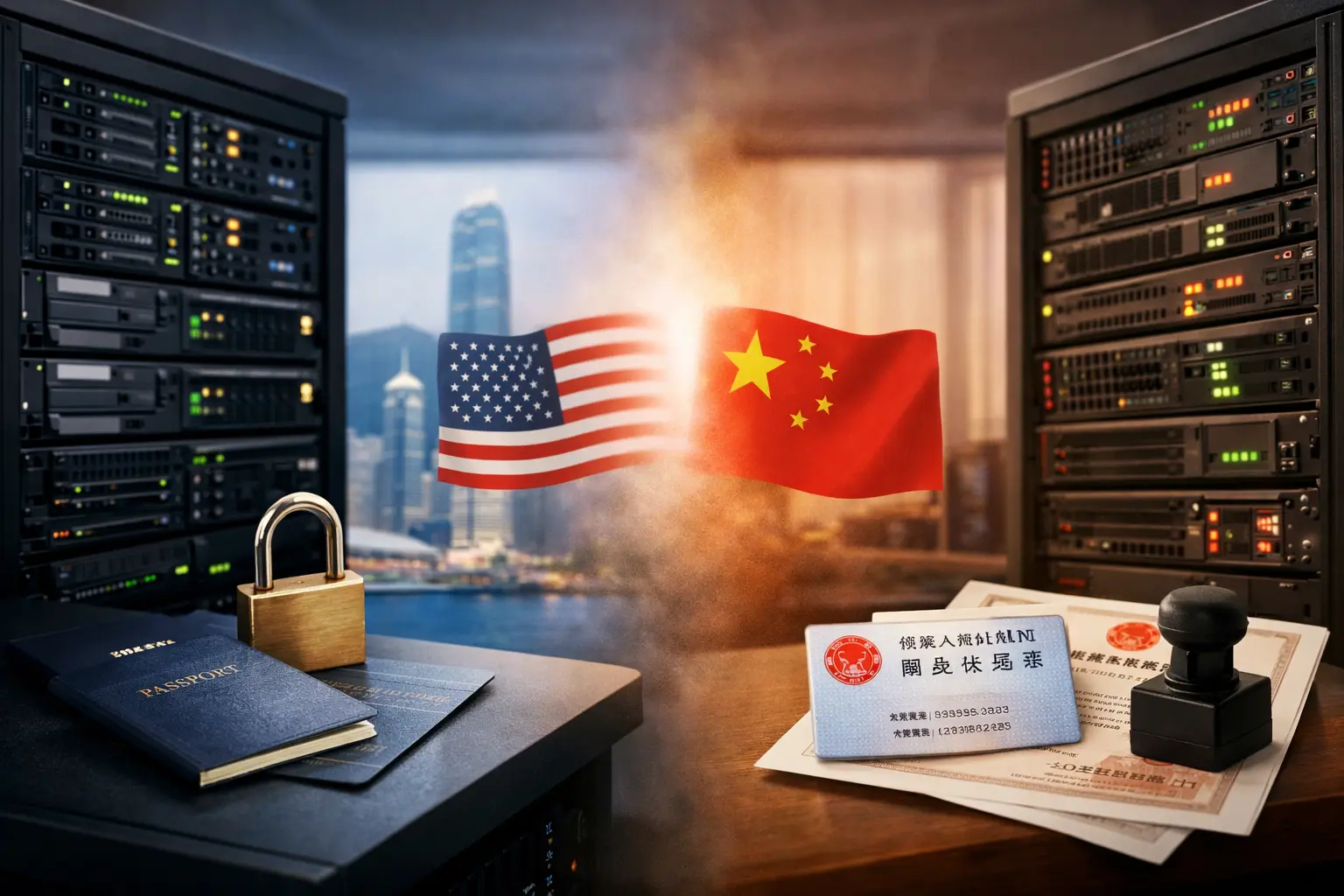美中两面国旗之间，两组数据服务器机架分列左右，前景分别放置护照与身份证件等元素。