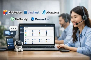 多位客户服务代表在办公室内使用耳机工作，前方桌面放置有展示中文cPanel界面的笔记本电脑和智能手机