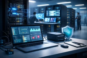 现代数据中心中，一张摆有笔记本电脑、外接硬盘和盾牌图标的办公桌前方是服务器机柜，背景中有技术人员正在操作多个监控屏幕。
