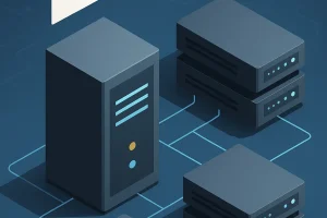 一组深蓝背景中的服务器机架与服务器塔，旁边展示日本国旗