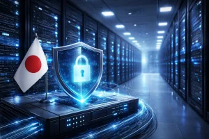 日本数据中心机房内的服务器机柜，前景放置有日本国旗和带锁形状的防护盾图形