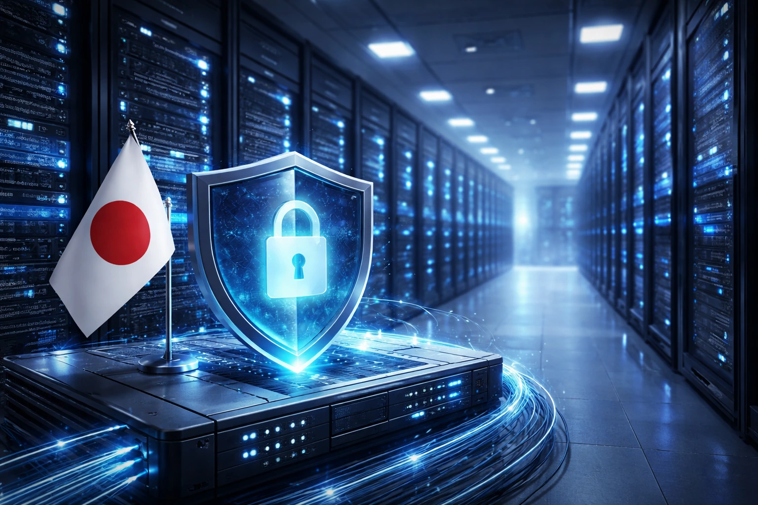 日本数据中心机房内的服务器机柜，前景放置有日本国旗和带锁形状的防护盾图形