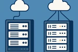 两组服务器机架通过蓝色线路分别连接到云图标